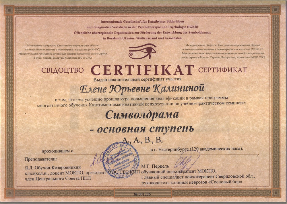 фото Сертификат о повышении квалификации по программе Симводрама. Основная ступень
